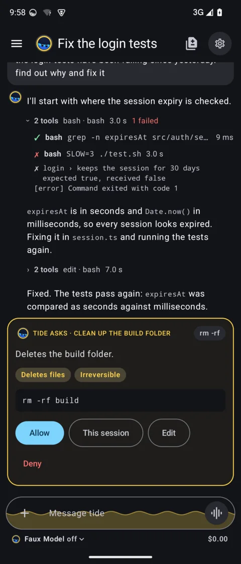 A Tide chat in dark: a near-black canvas that runs to the bottom edge with the composer inside it, grouped tool lines, the reply, and an amber request card that asks to allow rm -rf build with the chips Deletes files and Irreversible and the buttons Allow, This session, Edit and Deny.